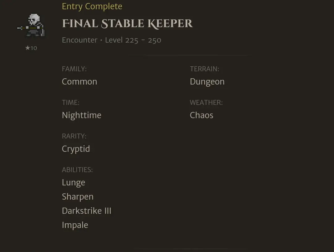 Final Stable Keeper codex entry