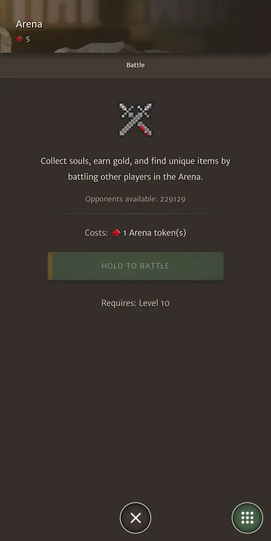 The Arena screen allows you to fight PvP from anywhere