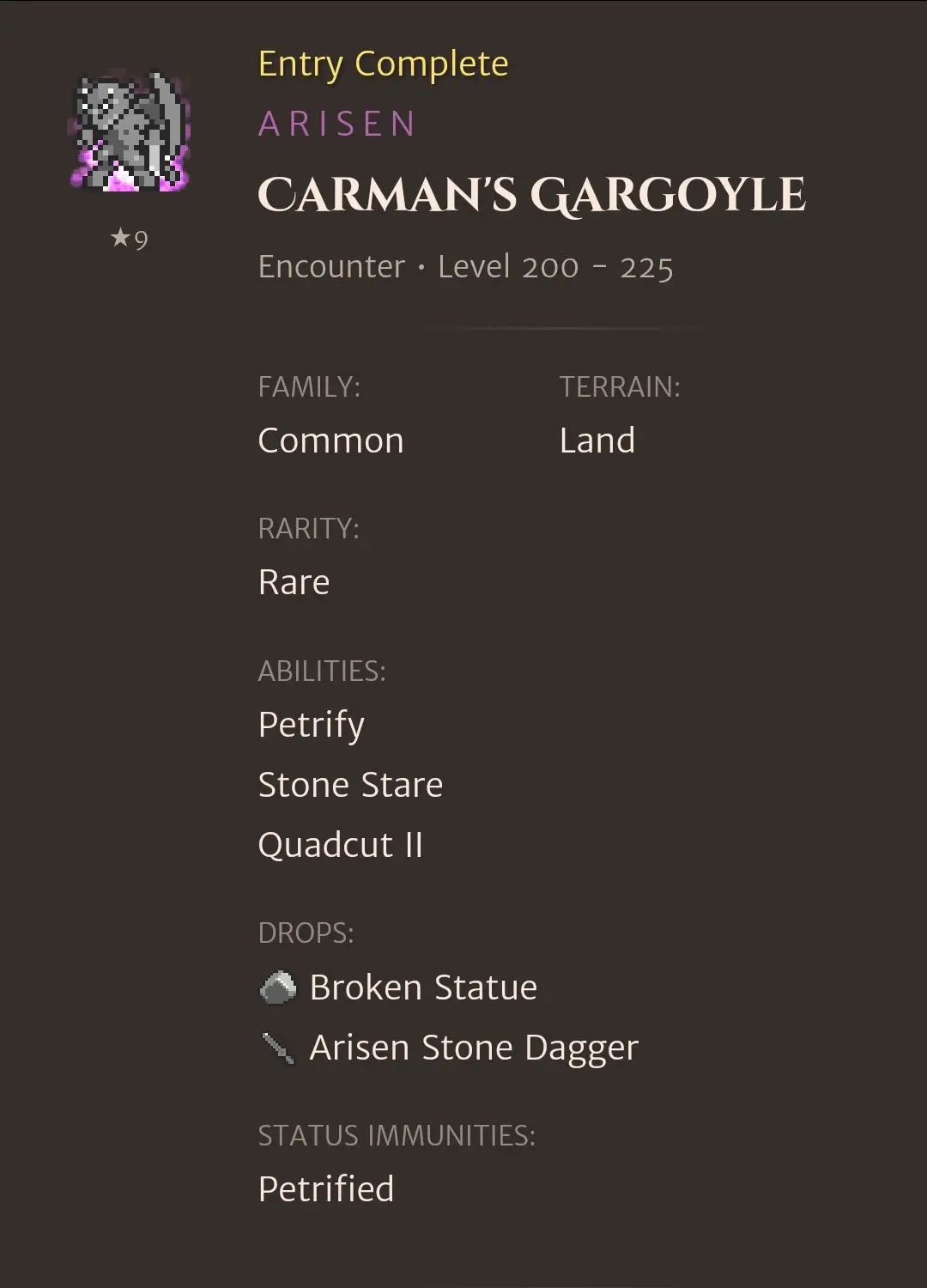 Arisen Carman's Gargoyle codex entry