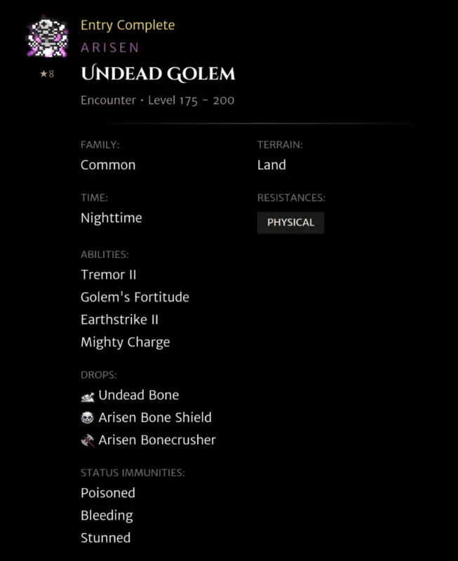 Arisen Undead Golem codex entry