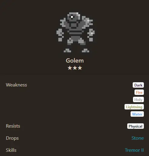 Golem mob details from Orna.Guide