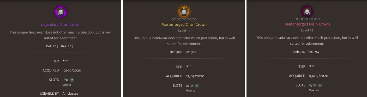 Explaining adornment slots with three different Oisin Crowns