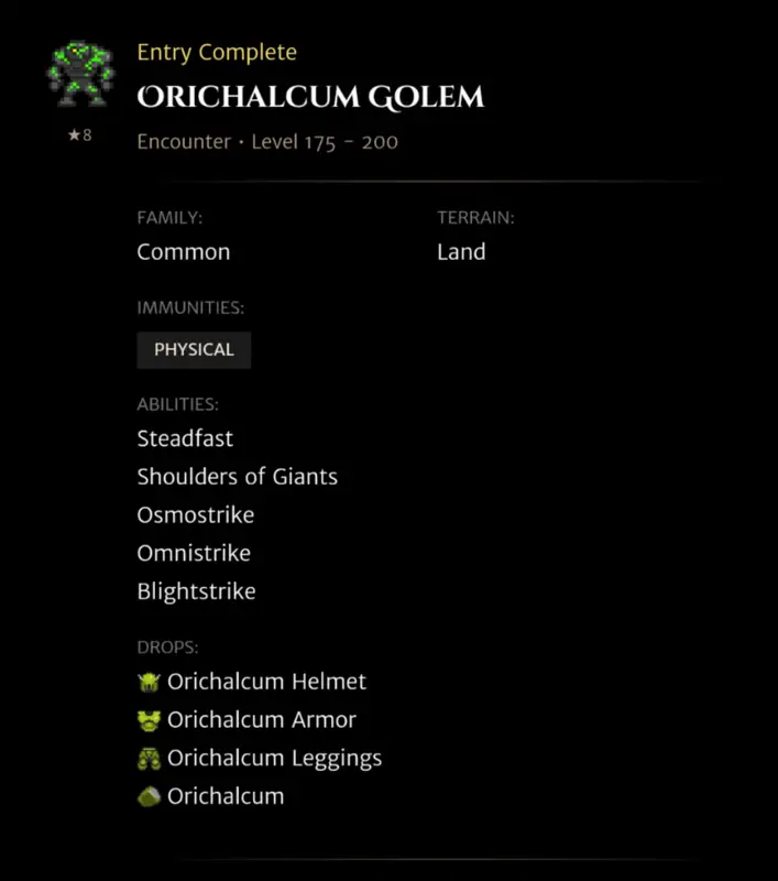Orichalcum Golem codex entry
