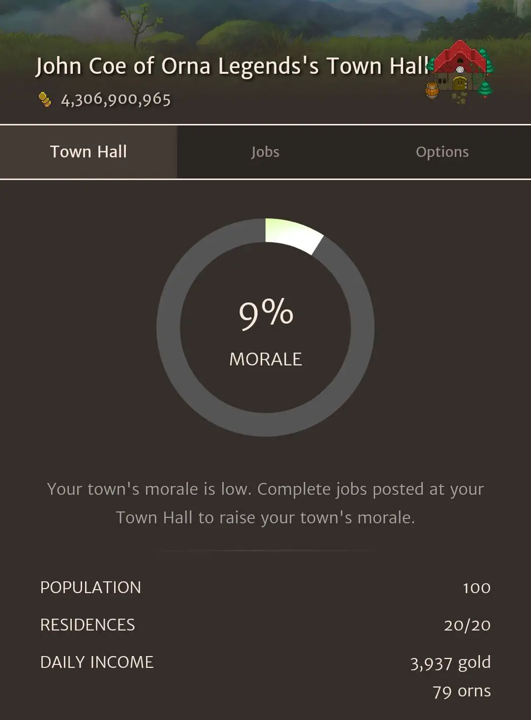 Orna Town Hall with 9% morale