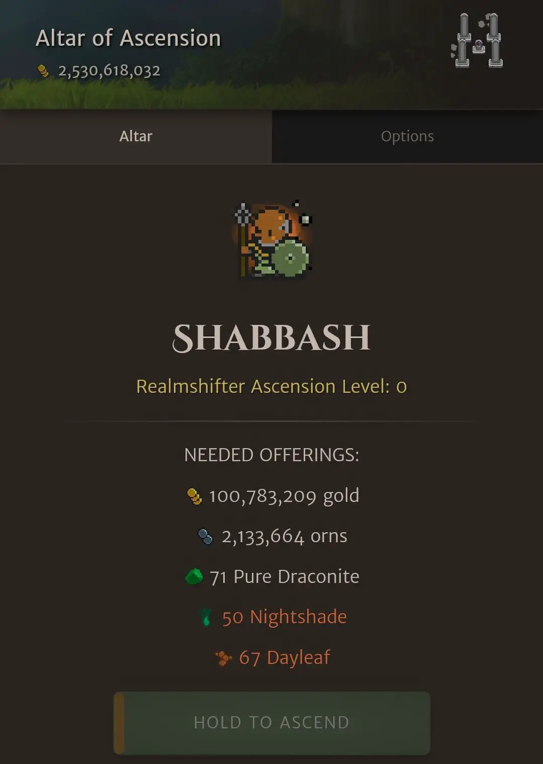 My Realmshifter Ascension Level 1 Costs in Orna