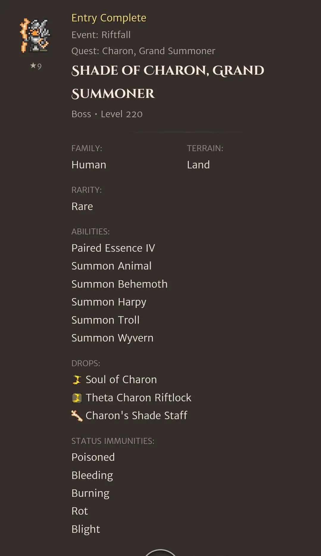 Shade of Charon, Grand Summoner codex entry