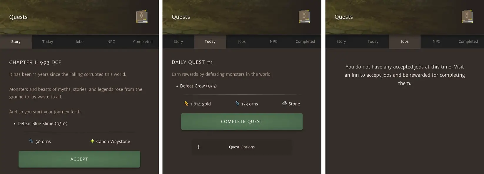 The quests menu in OrnaRPG shows your currently your character quests
